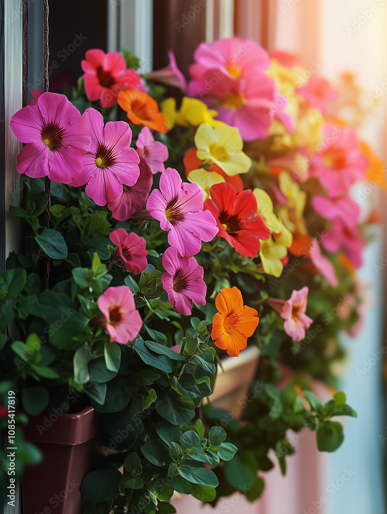 Hanging flower pots filled with vibrant petunias in various colors by a sunny window Hanging flower pots filled with vibrant petunias in various colors by a sunny window