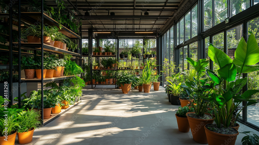 Spacious room with large windows showcasing lush greenery of an outdoor garden Spacious room with large windows showcasing lush greenery of an outdoor garden
