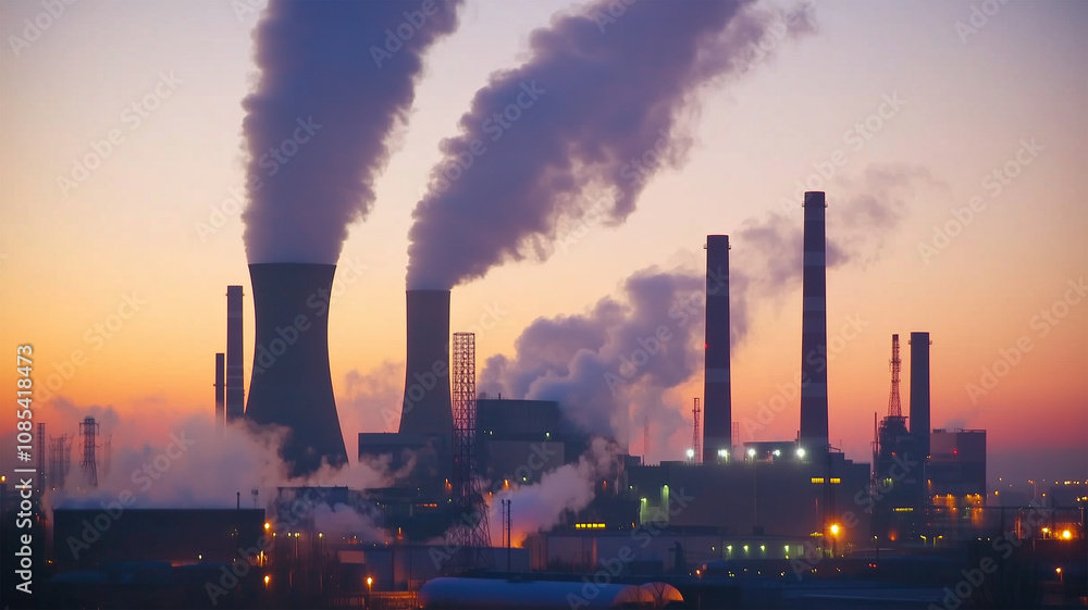 Obraz premium 夕暮れに蒸気を放つ火力発電所の壮大な風景