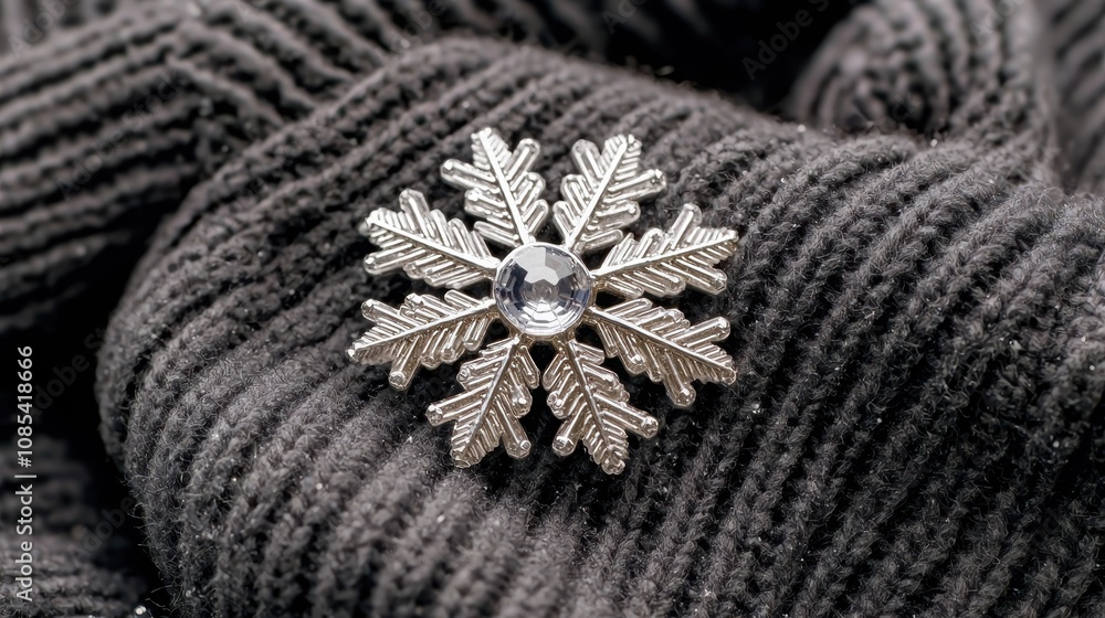 A beautiful snowflake brooch on a cozy black knit sweater, perfect for winter fashion. A beautiful snowflake brooch on a cozy black knit sweater, perfect for winter fashion.