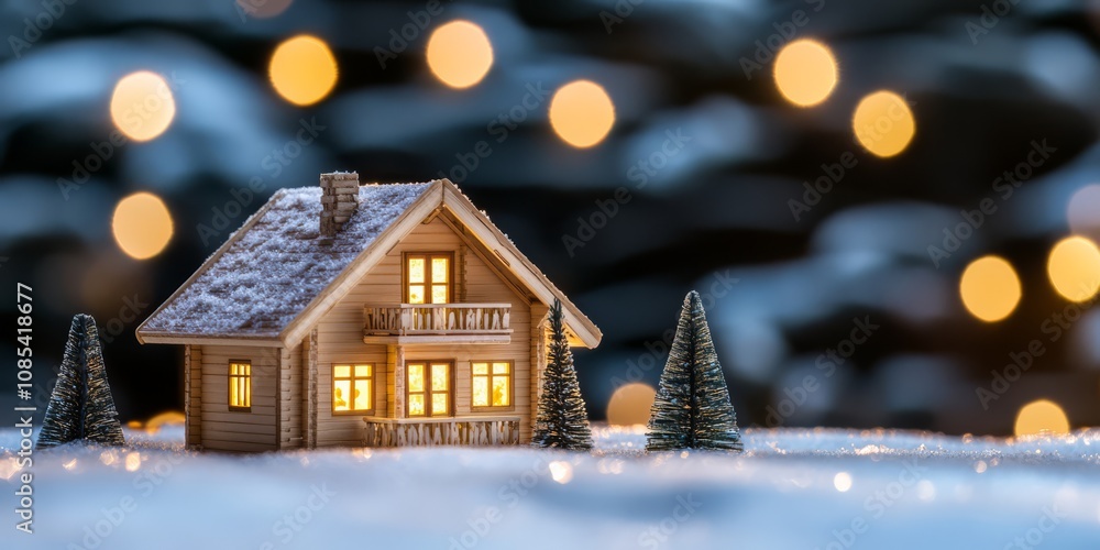 A miniature wooden house glows warmly amidst a snowy landscape, bathed in the soft light of twinkling Christmas lights. The scene evokes a sense of peace and tranquility. A miniature wooden house glows warmly amidst a snowy landscape, bathed in the soft light of twinkling Christmas lights. The scene evokes a sense of peace and tranquility.