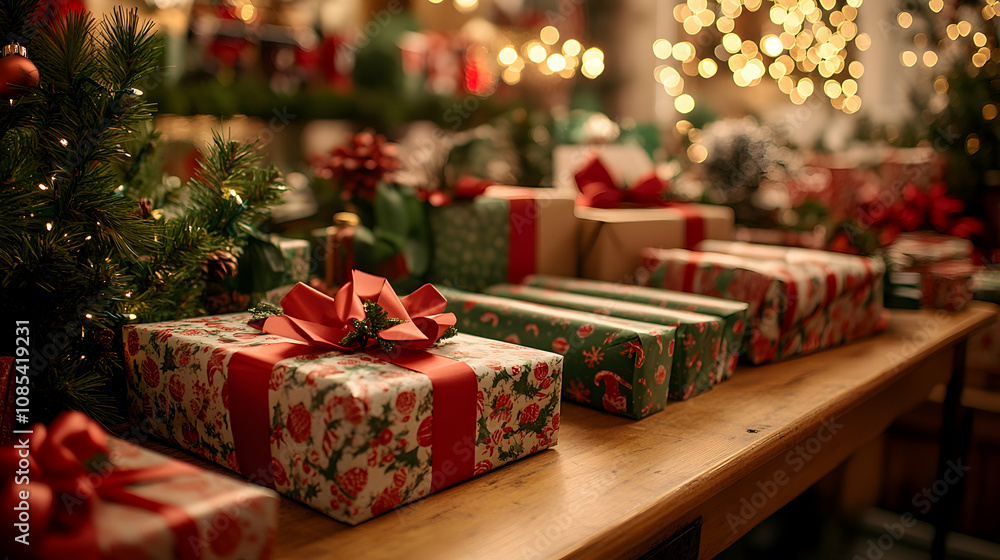 Many Christmas presents on wooden table. Many Christmas presents on wooden table.