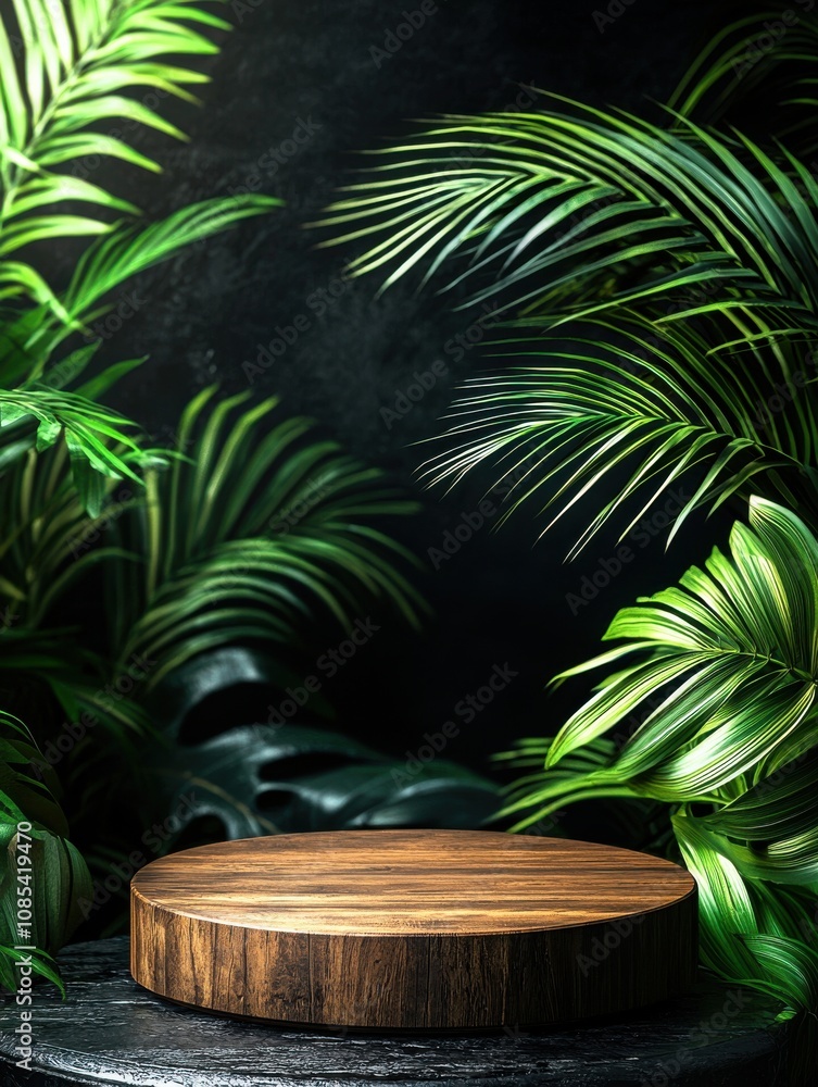 Round wooden podium with tropical plants and serene setting Round wooden podium with tropical plants and serene setting