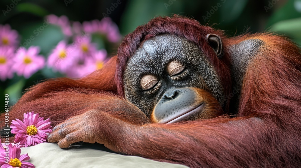 A serene orangutan with vibrant red fur sleeps peacefully on a soft surface surrounded by pink flowers, creating a tranquil and picturesque wildlife moment.
A serene orangutan with vibrant red fur sleeps peacefully on a soft surface surrounded by pink flowers, creating a tranquil and picturesque wildlife moment.