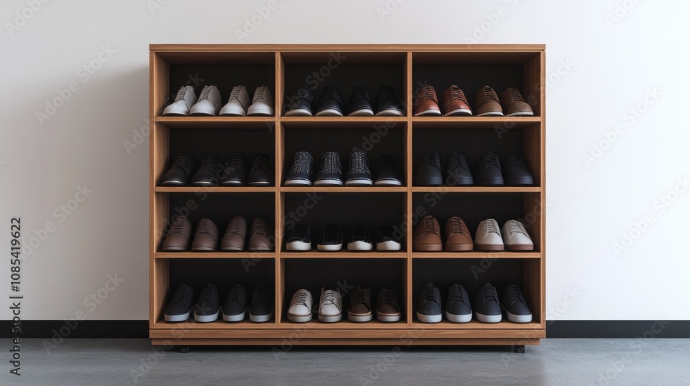 A wooden shoe rack with many shoes on it