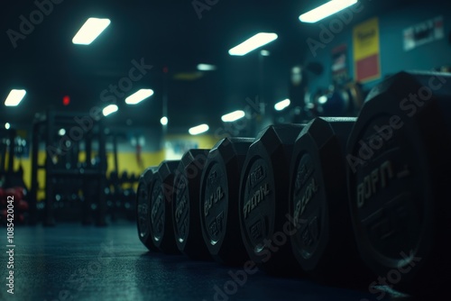 Closeup of dumbbells in a dimly lit gym, with a blurry background of workout equipment. photo