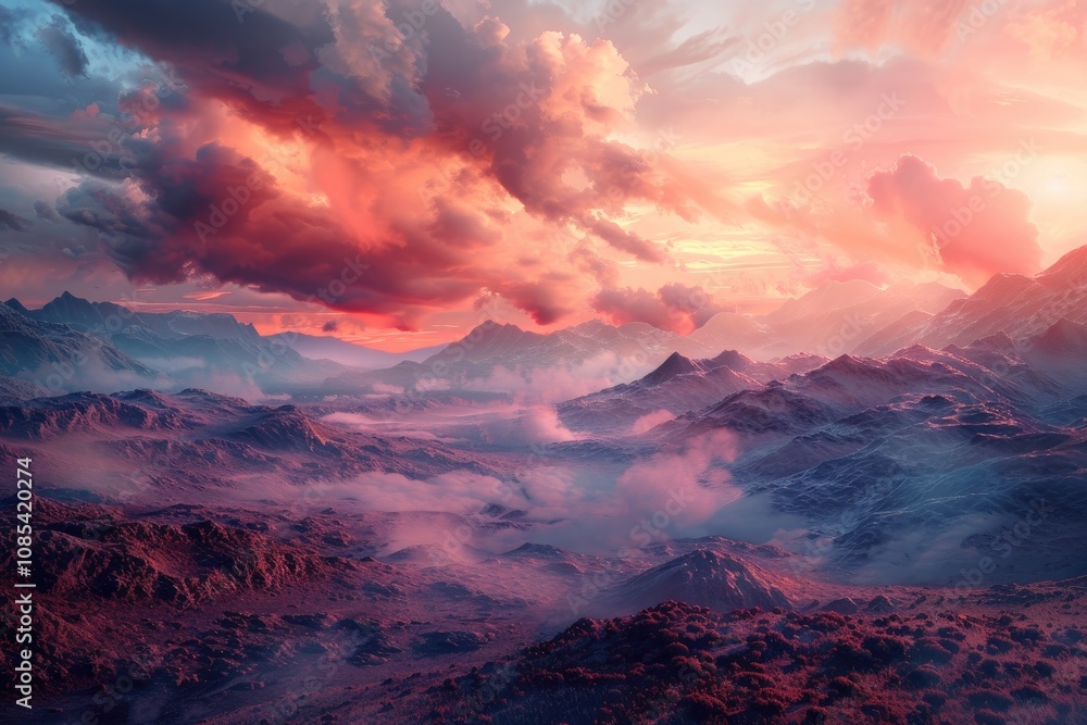 Obraz premium Pink Sunset Over a Mountain Range with Fog