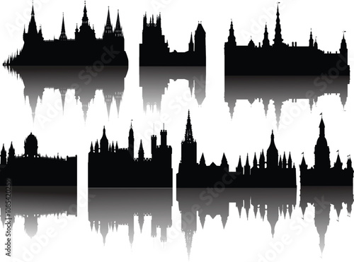collection of seven isolated castles with shadows