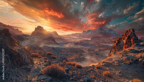 A Rugged Mountain Landscape at Sunset with Dramatic Clouds