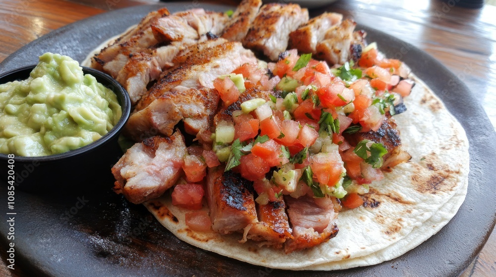Mexican pork carnitas grilled to perfection, served in soft tortillas with guacamole and pico de gallo Mexican pork carnitas grilled to perfection, served in soft tortillas with guacamole and pico de gallo