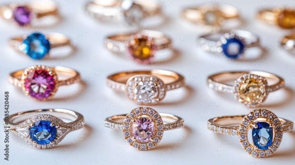 Elegant Collection of Colorful Gemstone Rings with Diamond Accents Displayed on a Soft Background for Jewelry Enthusiasts and Fashion Lovers Elegant Collection of Colorful Gemstone Rings with Diamond Accents Displayed on a Soft Background for Jewelry Enthusiasts and Fashion Lovers