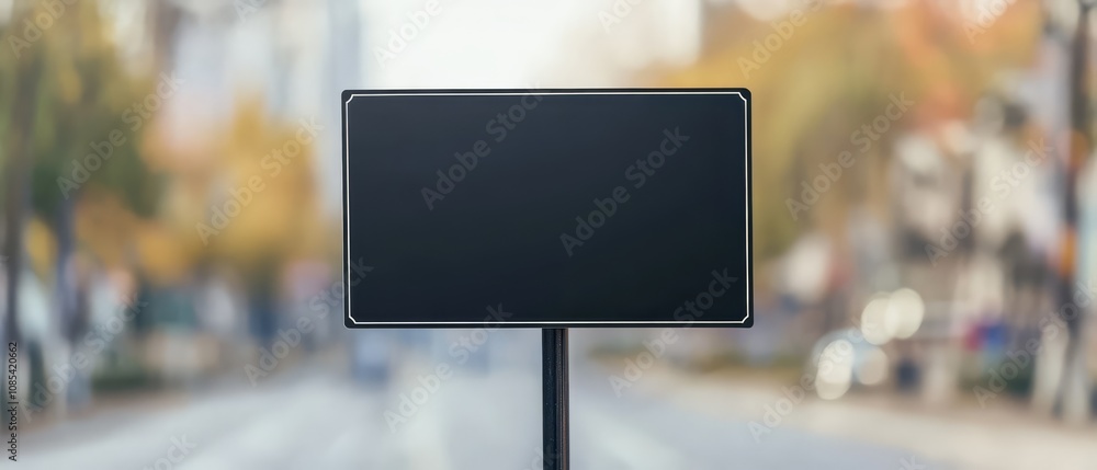 Blank Signage on City Street: Mockup of a blank black rectangular sign on a metallic stand, situated on a blurred city street background. Perfect for advertising, announcements. Blank Signage on City Street: Mockup of a blank black rectangular sign on a metallic stand, situated on a blurred city street background. Perfect for advertising, announcements.
