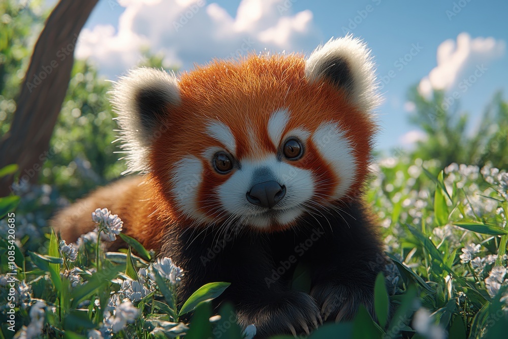 Naklejka premium A curious red panda lies comfortably in a lush green meadow filled with delicate white flowers under a bright blue sky, creating a serene and picturesque wildlife scene.