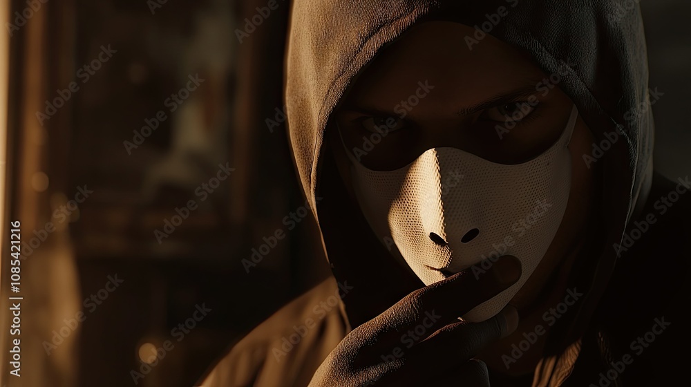 Close-up of a man in a hoodie, holding a white mask in front of his face, with intense shadows adding a suspenseful tone Close-up of a man in a hoodie, holding a white mask in front of his face, with intense shadows adding a suspenseful tone