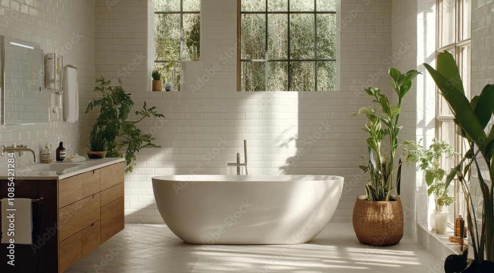 Fototapeta premium serene bathroom with an elegant freestanding tub, white tiles on the walls and floor