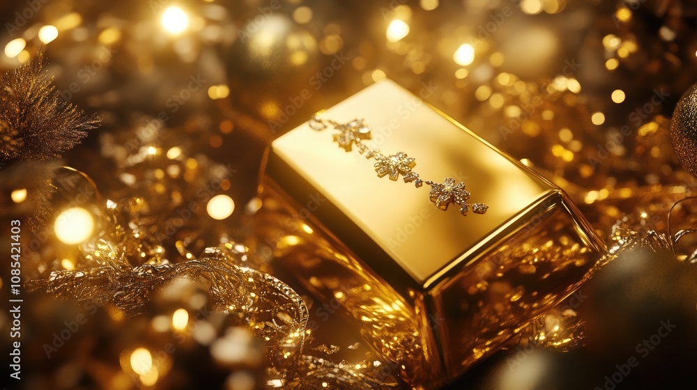 Shimmering Gold Bar Surrounded by Gleaming Lights and Festive Decorations, Creating a Luxurious Atmosphere for Celebration and Wealth Imagery Shimmering Gold Bar Surrounded by Gleaming Lights and Festive Decorations, Creating a Luxurious Atmosphere for Celebration and Wealth Imagery
