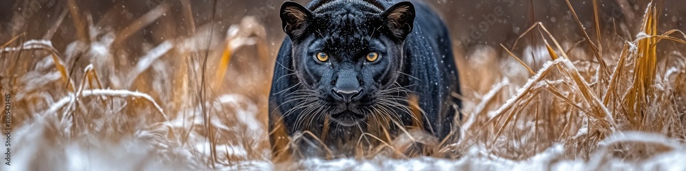 A stealthy black panther moves silently through golden grass, blending seamlessly into the natural surroundings with its sleek black fur and piercing gaze.
A stealthy black panther moves silently through golden grass, blending seamlessly into the natural surroundings with its sleek black fur and piercing gaze.