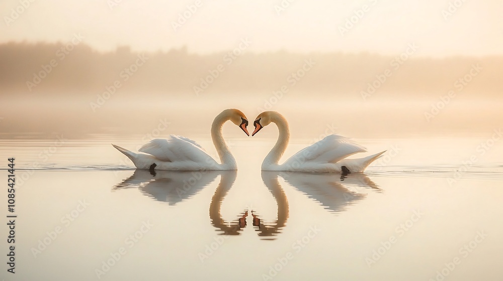 Fototapeta premium Loving Swans Forming a Heart Shaped Reflection on Peaceful Lake