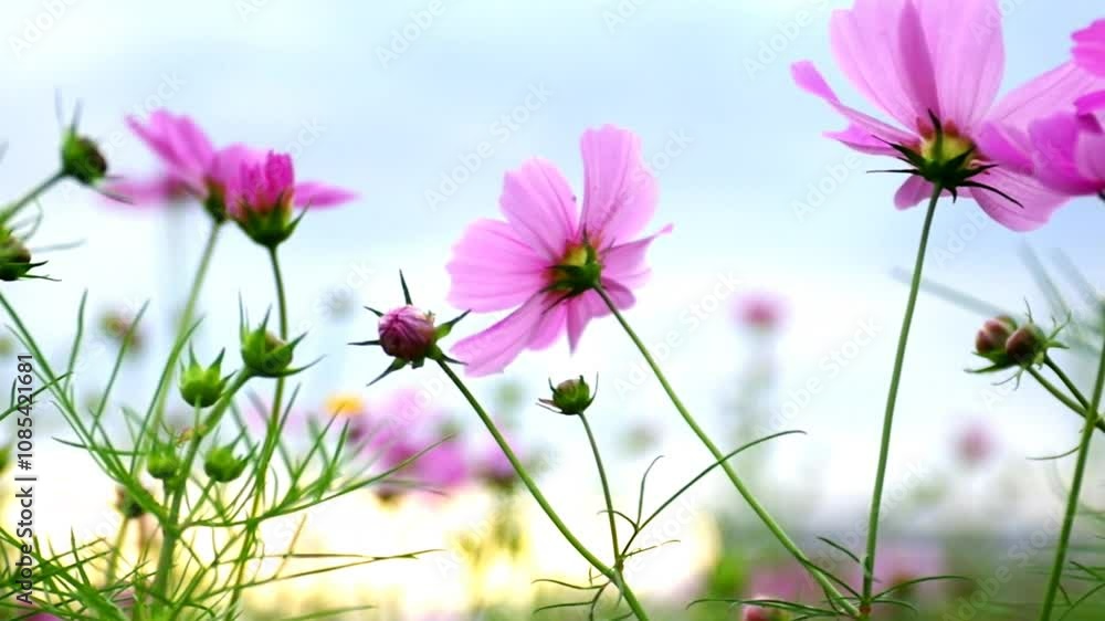 風に揺れる夕景のコスモスの花畑（逆パン）