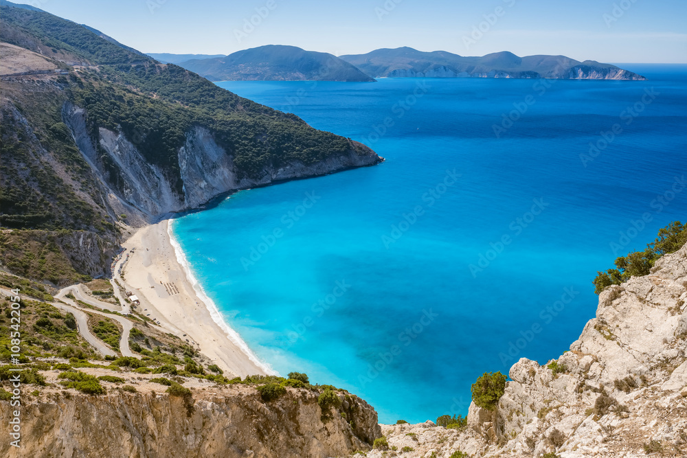 Beautiful Myrtos beach on a sunny summer day on Kefalonia island, Ionian sea, Greece