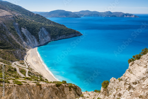 Obraz na płótnie Beautiful Myrtos beach on a sunny summer day on Kefalonia island, Ionian sea, Greece w salonie