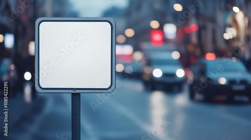 Blank Street Sign at Night:  A clean, square, blank street sign stands prominently in the foreground against a blurred backdrop of city traffic lights and moving vehicles on a rainy night. photo