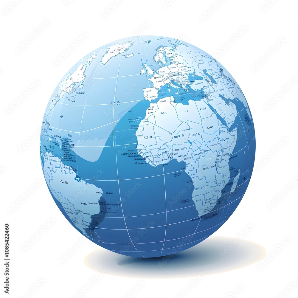 Blue globe with detailed geographic boundaries and gradient shading on a white background Blue globe with detailed geographic boundaries and gradient shading on a white background