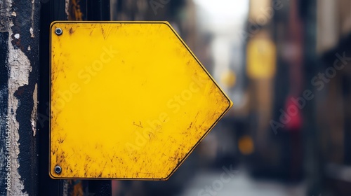 Yellow Arrow Sign:  A weathered, yellow arrow sign, mounted on a rusty metal surface, points towards the unknown. This image evokes a sense of exploration, adventure, and the allure of the uncharted. photo