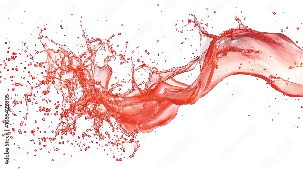 Red fluid splash captured in high speed, with fine droplets and intricate arcs Red fluid splash captured in high speed, with fine droplets and intricate arcs