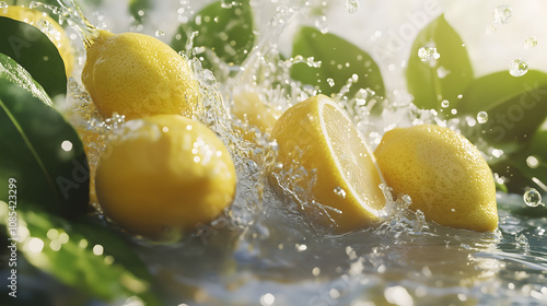 Fresh Lemons Splashing into Water