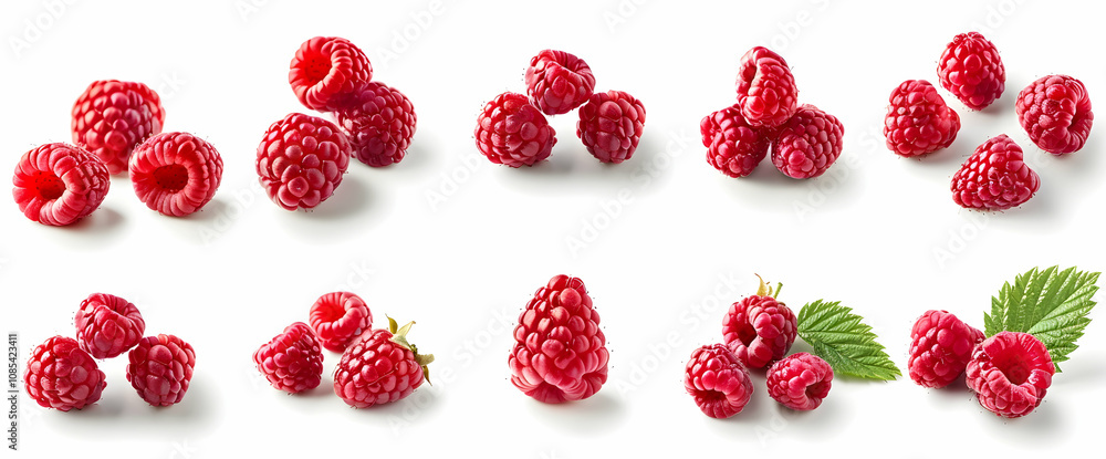 Set of different images with raspberries on a white background Set of different images with raspberries on a white background
