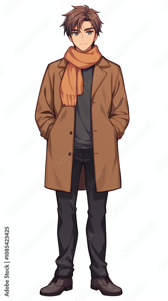 Stylish Man in a Brown Coat and Orange Scarf Stylish Man in a Brown Coat and Orange Scarf