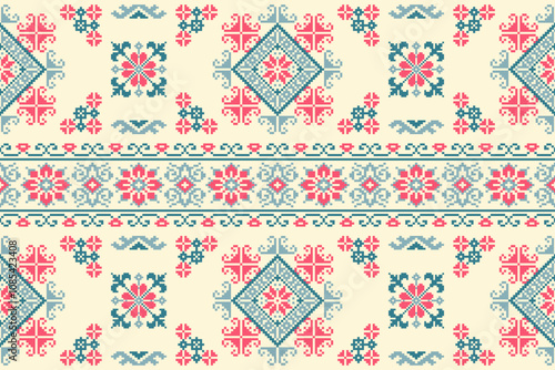 Ethnic abstract pixel art seamless pattern.Geometric ethnic oriental embroidery style.Aztec style.Design for texture,fabric,cloting,carpet,knitewar,curtains,wrapping,batik,scarf,vector,illustration