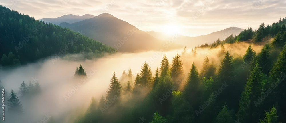 misty mountain range at sunrise, surrounded by lush green forests and fog. serene landscape evokes sense of tranquility and natural beauty. Environmental Protection Policy concept misty mountain range at sunrise, surrounded by lush green forests and fog. serene landscape evokes sense of tranquility and natural beauty. Environmental Protection Policy concept