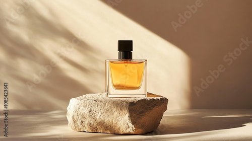 A perfume bottle on a stone platform with soft sunlight and shadows.