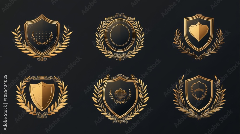 Golden Shield and Laurel Wreath Logo Design Set: A collection of elegant, premium logo templates, perfect for branding a prestigious company. Each design features a golden shield and laurel wreath. Golden Shield and Laurel Wreath Logo Design Set: A collection of elegant, premium logo templates, perfect for branding a prestigious company. Each design features a golden shield and laurel wreath.