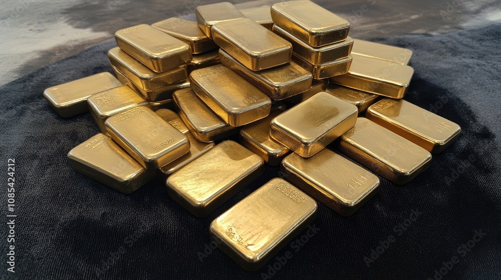 Pile of shining gold bars stacked together on a dark surface, showcasing their beautiful metallic luster and reflecting light in various angles, symbolizing wealth and luxury. Pile of shining gold bars stacked together on a dark surface, showcasing their beautiful metallic luster and reflecting light in various angles, symbolizing wealth and luxury.