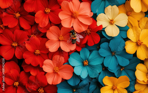 single honeybee perched on vibrant wildflowers in red, blue, yellow, and orange hues, showcasing nature beauty and diversity. Environmental Protection Policy concept