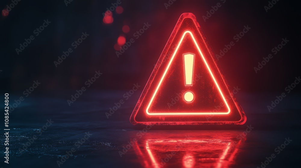 Glowing Neon Warning Sign: Red alert! A vibrant, illuminated triangular warning sign with an exclamation mark glows ominously in the dark, reflecting on a mysterious surface.