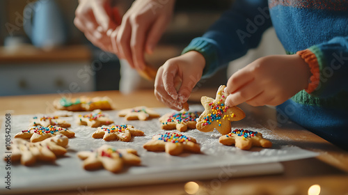 A family working together in the kitchen, decorating cookies with colorful icing and sprinkles 