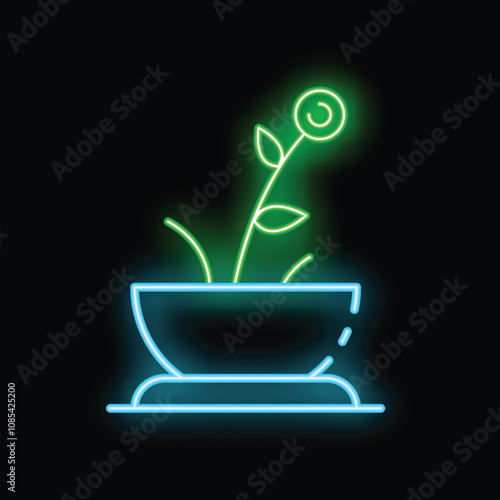 Bright neon sign depicting a green plant growing in a blue pot, evoking growth and prosperity