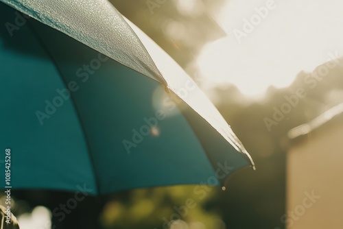 A close-up of a blue umbrella with sunlight shining through it. photo