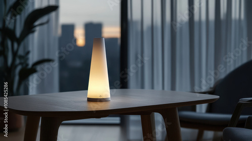 Softly Lit Cone-Shaped Table Lamp in an Outdoor Evening Balcony Setting