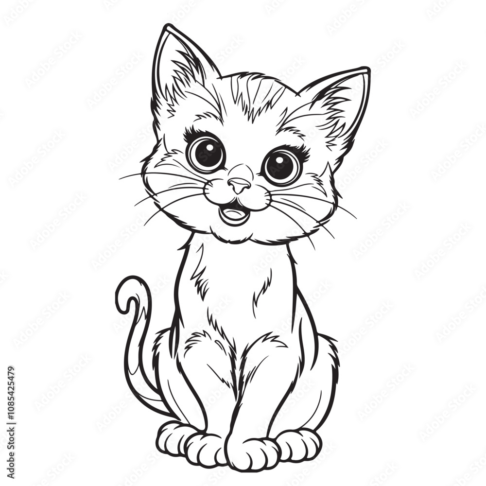 Obraz premium Cute Cartoon Cat Line Art for Kids Coloring Pages, Kawaii Cat Outline Vector for Printable Crafts