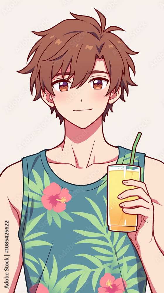 Anime Boy with Summer Drink Illustration Anime Boy with Summer Drink Illustration