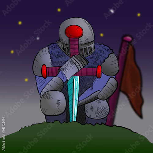 Vector fantasy illustration. Kneeling knight in armor and leaning on a sword stuck in the grass Tired knight with bowed head. Fantasy, knight, armor, medieval