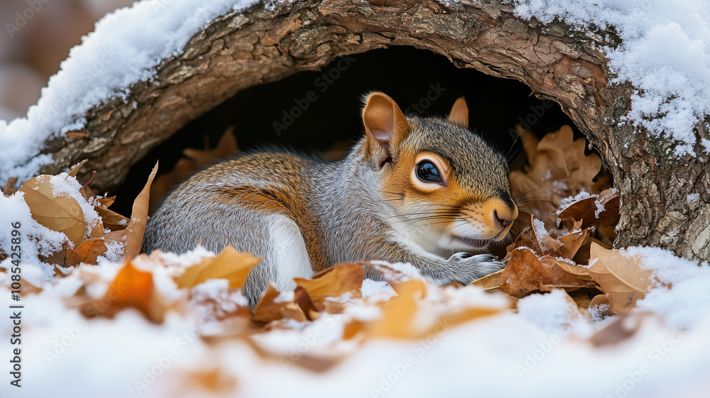 Fototapeta premium 樹洞で冬眠するリスと雪景色の冬の森