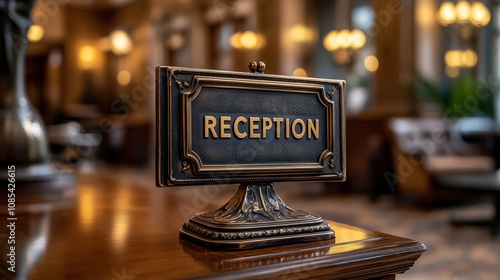 Reception Sign: A vintage-style brass sign engraved with the word "Reception," perched atop a mahogany desk, evokes a sense of classic elegance and welcoming hospitality. 