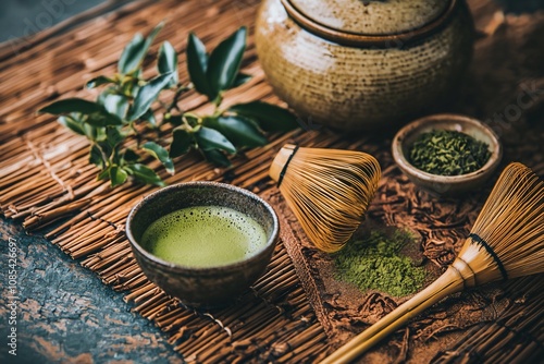 Artisanal Matcha Tea Setup with Traditional Utensils and Ingredients