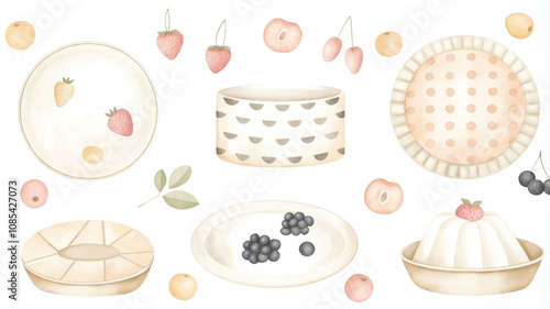 Illustration of a set of desserts and pastries on a white background